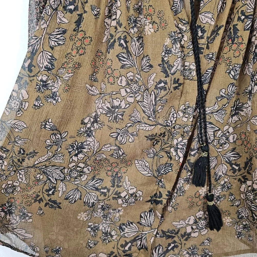 Free People‎ XS Brown Neutral Tone Floral Boho Prairie Cottage Fall Harvest Top